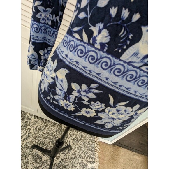 Talbots Sweater Women's sz P (XS) Petite India Ink Blue Bird Floral Toile Scoop - Picture 6 of 13